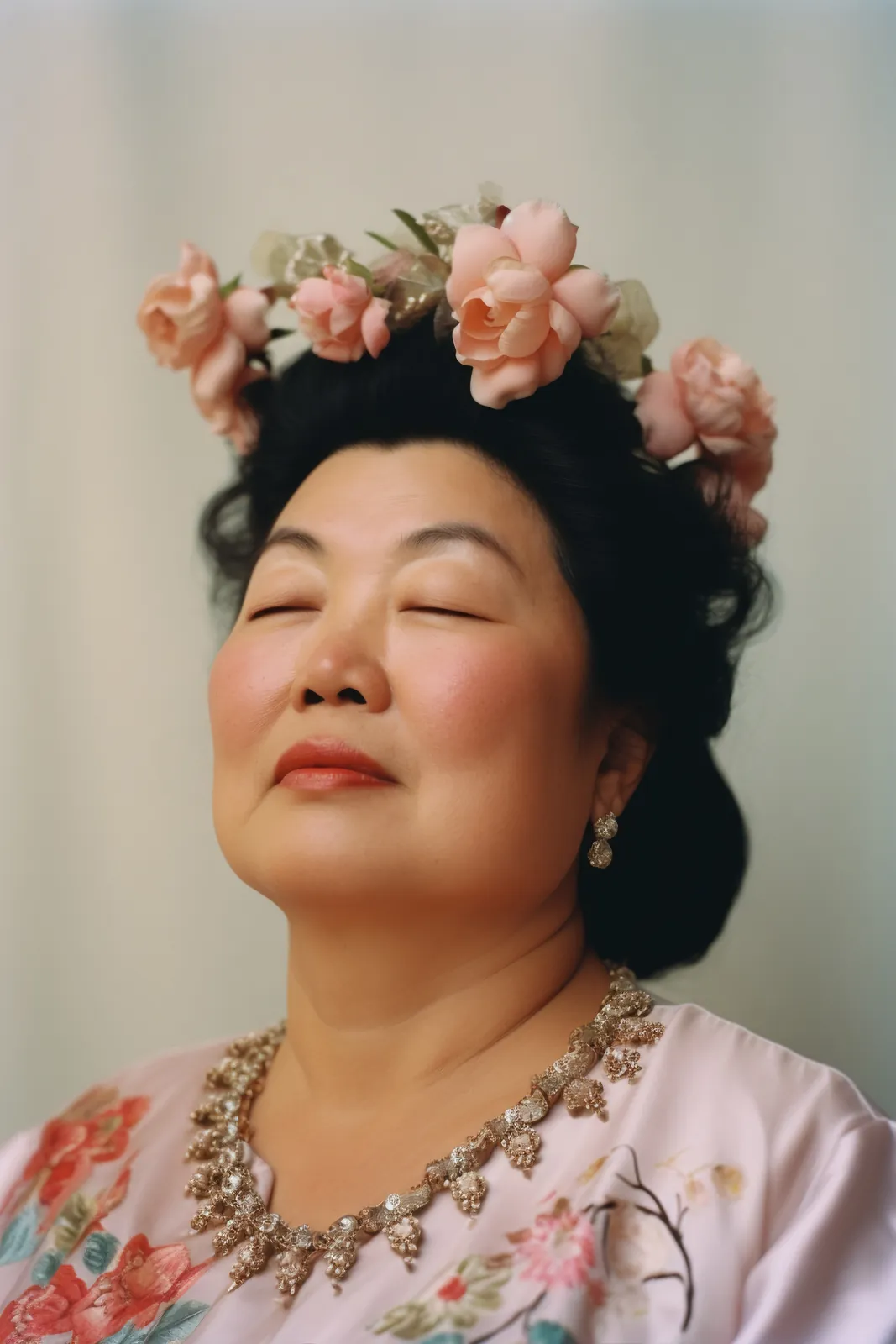 A woman with a flower crown and her eyes closed