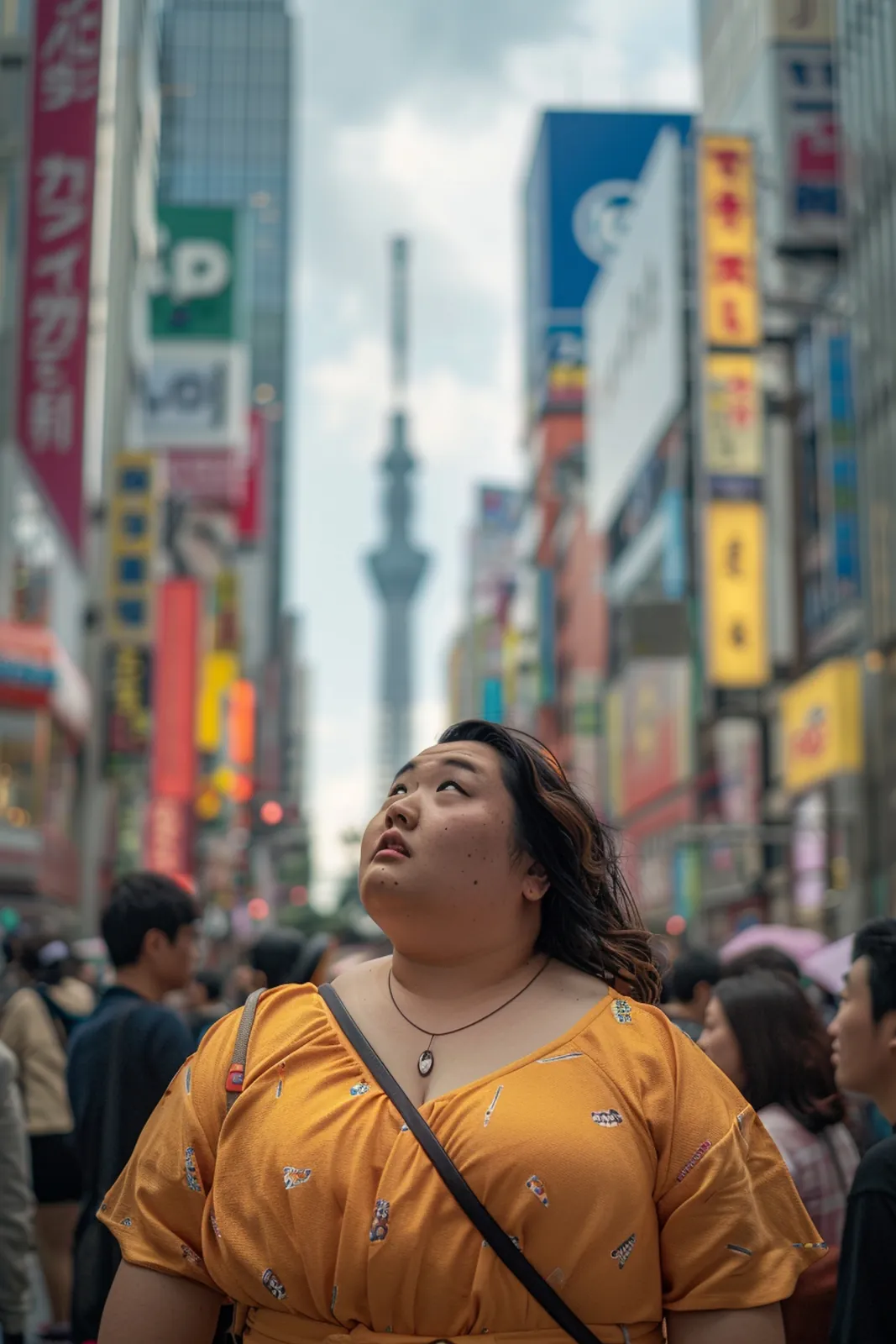 A woman in a busy city street looking up